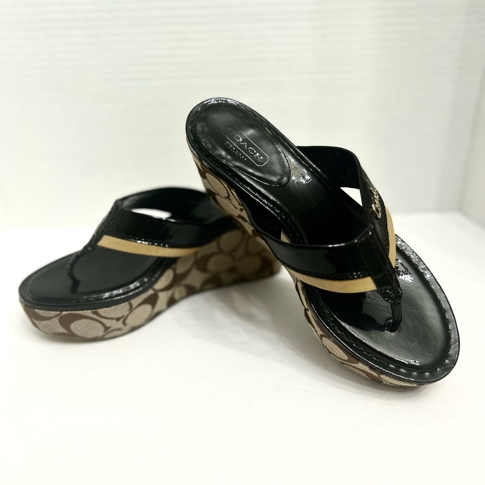 Coach Jody Black and Cream Signature Monogram Slip On Wedge Women's Sandals - Picture 3 of 12
